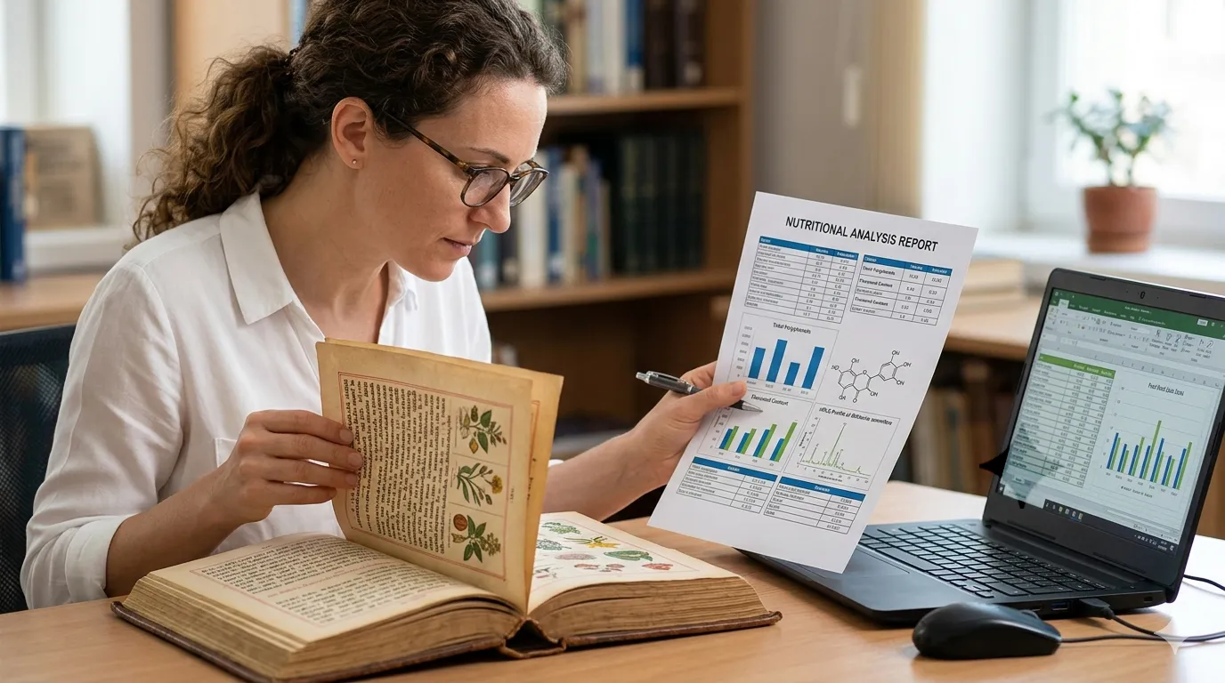 Researcher comparing classical Ayurvedic text descriptions with modern nutritional science data on Makhana