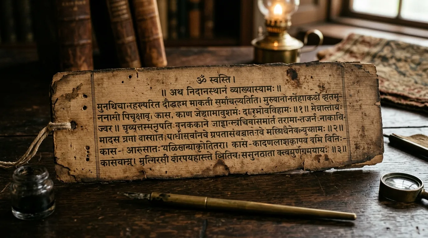 Ancient Sanskrit Ayurvedic manuscript showing pharmacological classifications including water plant seeds
