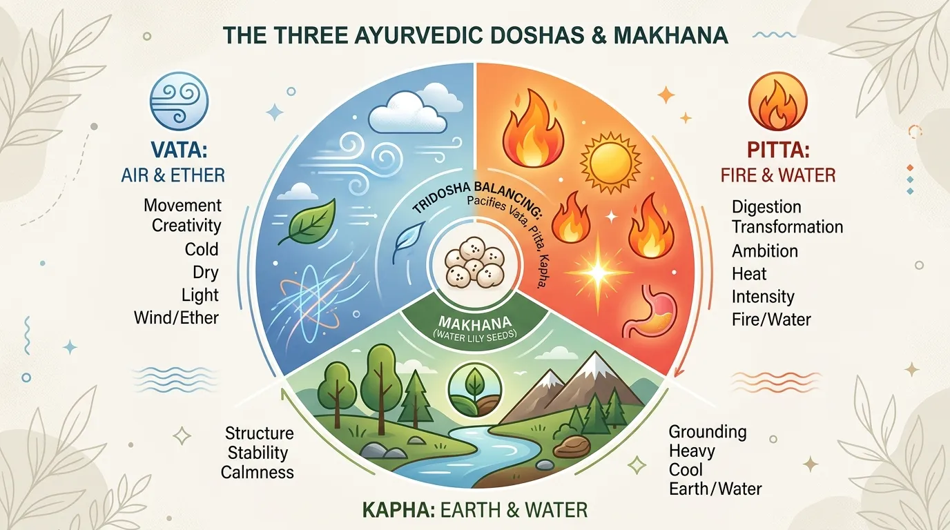 Illustrated diagram of the three Ayurvedic doshas Vata Pitta Kapha with their elemental qualities