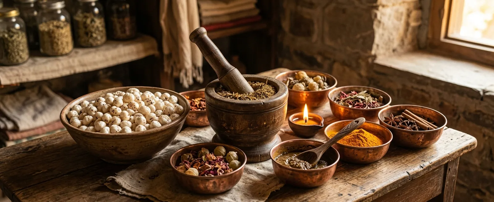 Ayurvedic preparation setting with Makhana seeds, copper bowls, herbs and mortar and pestle in warm golden light