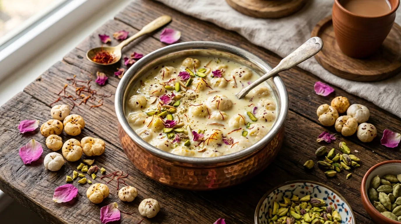 Makhana kheer — creamy milk pudding with saffron cardamom and rose petals in ornate silver bowl