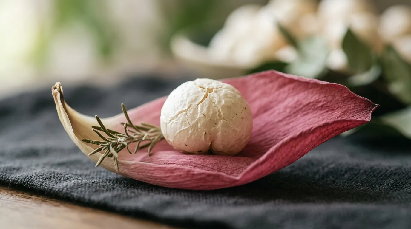 Close-up macro photograph of Makhana seeds with lotus flower petal in natural setting
