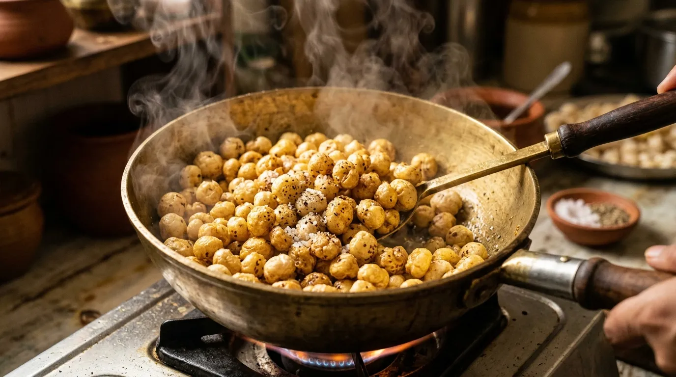 Makhana seeds being roasted in brass pan with ghee black pepper and rock salt in traditional preparation