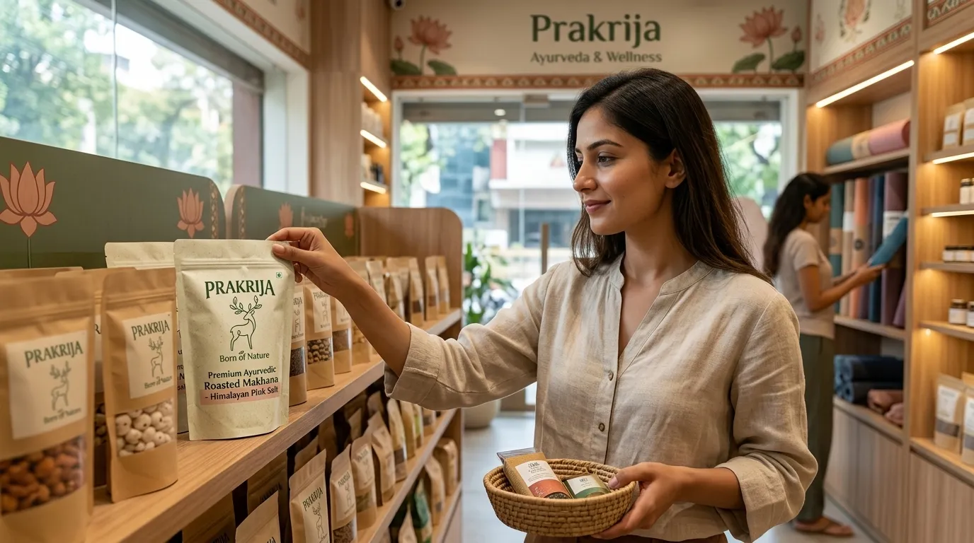 Premium Makhana product with Ayurvedic branding displayed in modern health food retail store