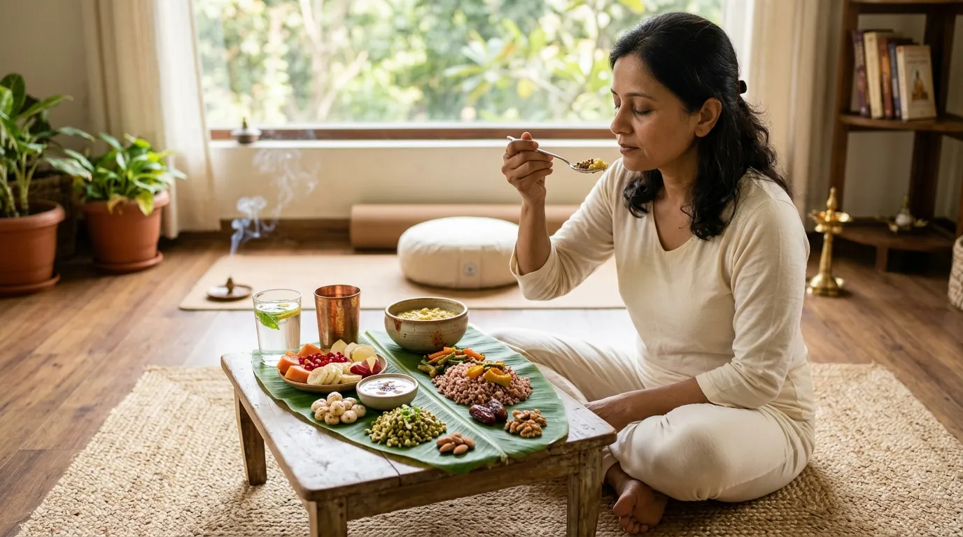 Beautifully arranged Satvik meal featuring Makhana alongside fresh fruits, nuts and dairy in a serene setting