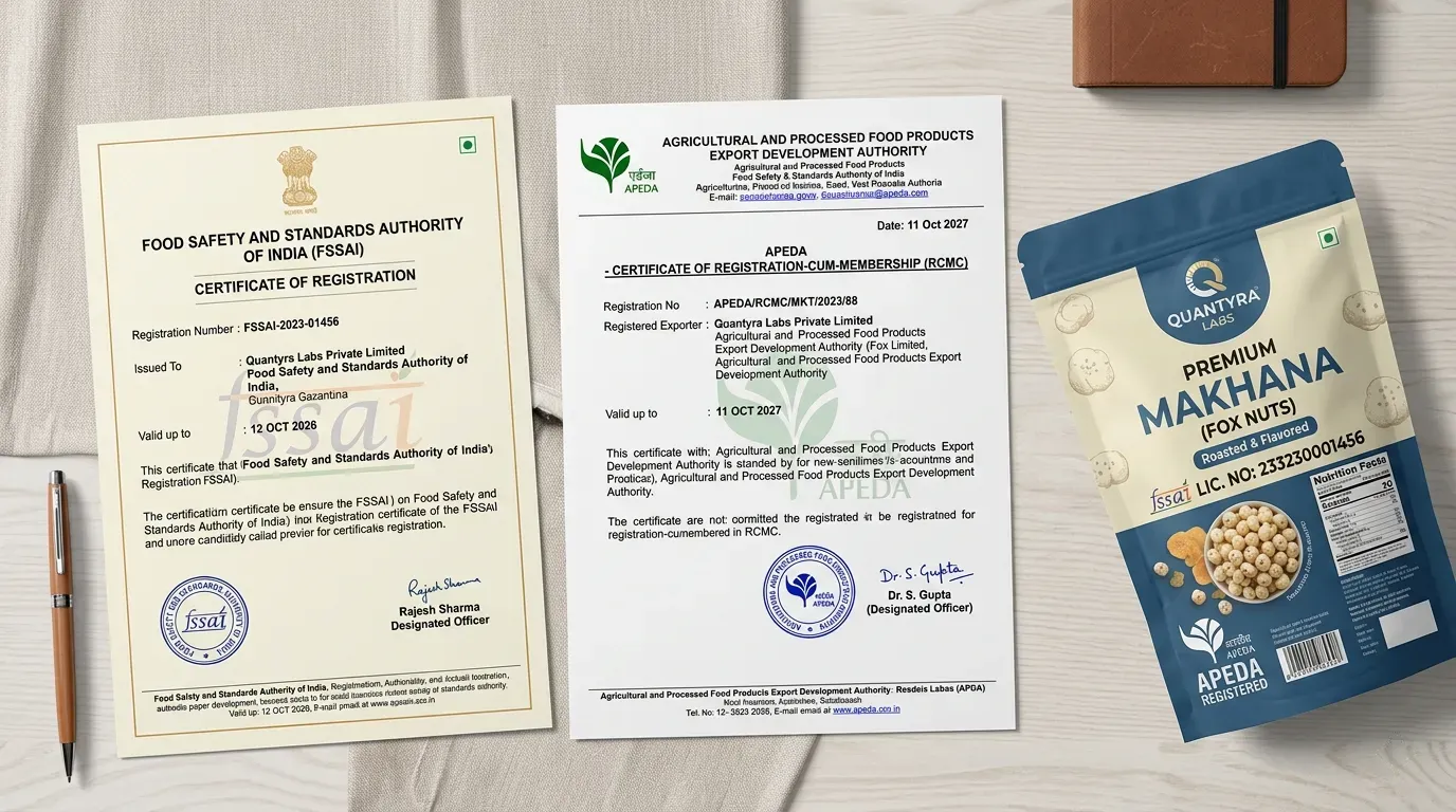 FSSAI Central Licence and APEDA registration certificate documents for food export