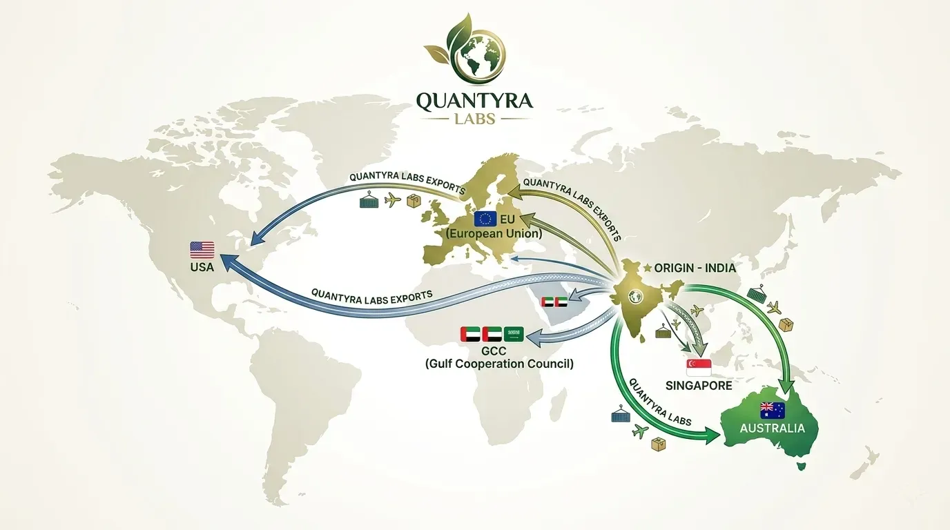 World map showing major Makhana export routes from India to EU, USA, GCC, Australia, and Singapore