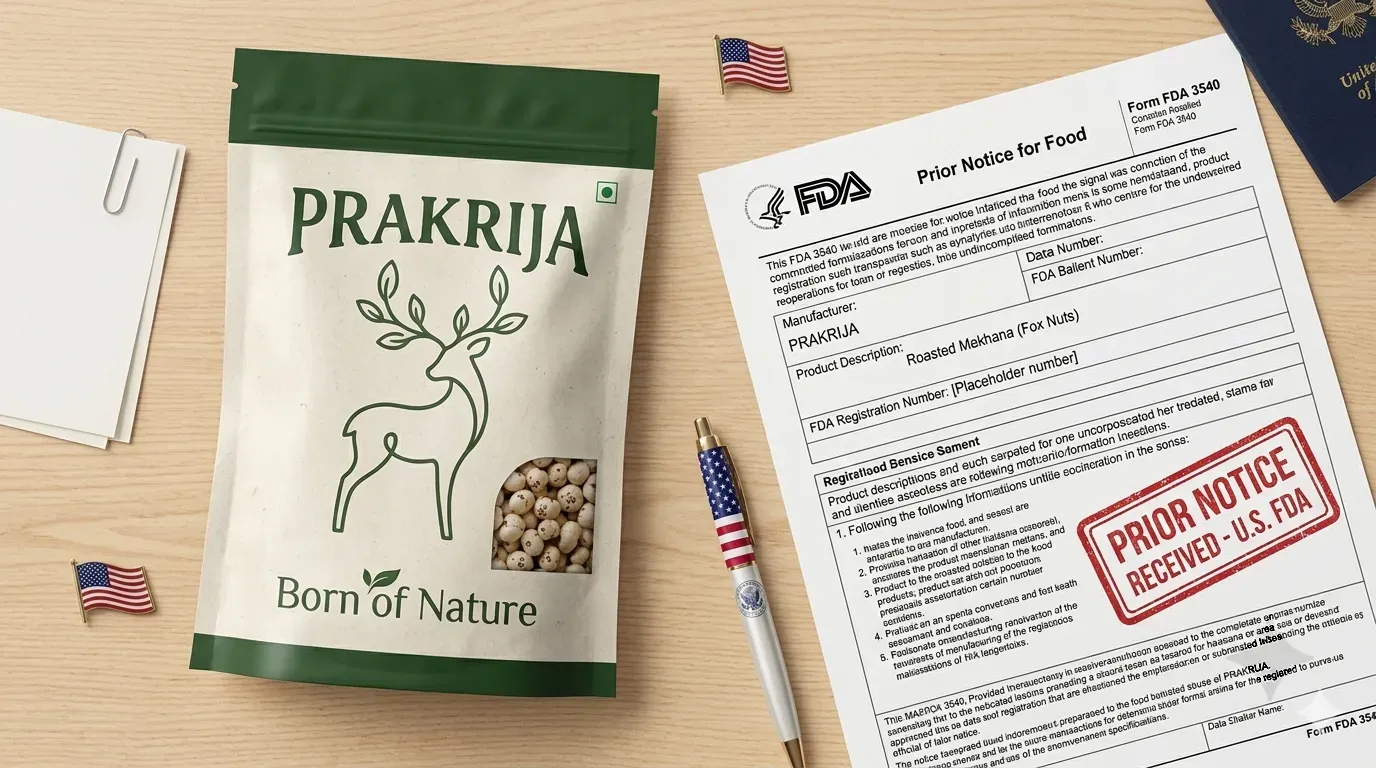 FDA Prior Notice form and US customs import documentation for food from India