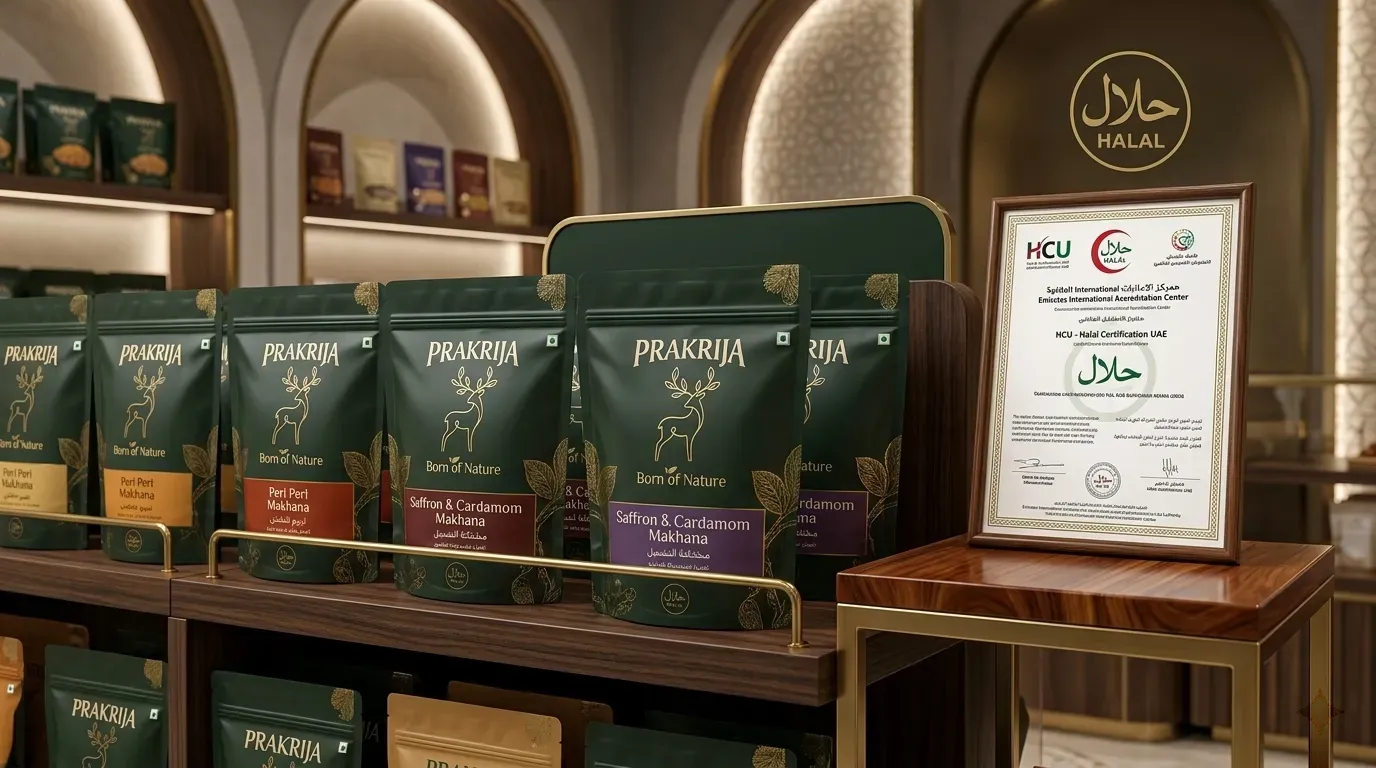 Halal certification document alongside Makhana packaging for GCC market export