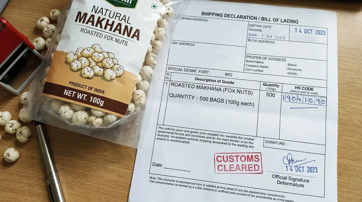 Customs declaration form with HS code for Makhana alongside export documentation