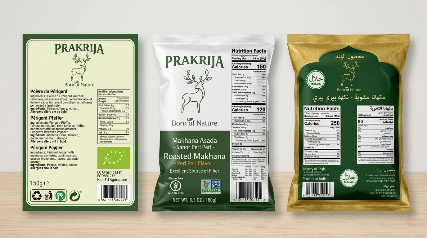 Makhana packaging labels side by side showing EU, US Nutrition Facts, and GCC Arabic label formats