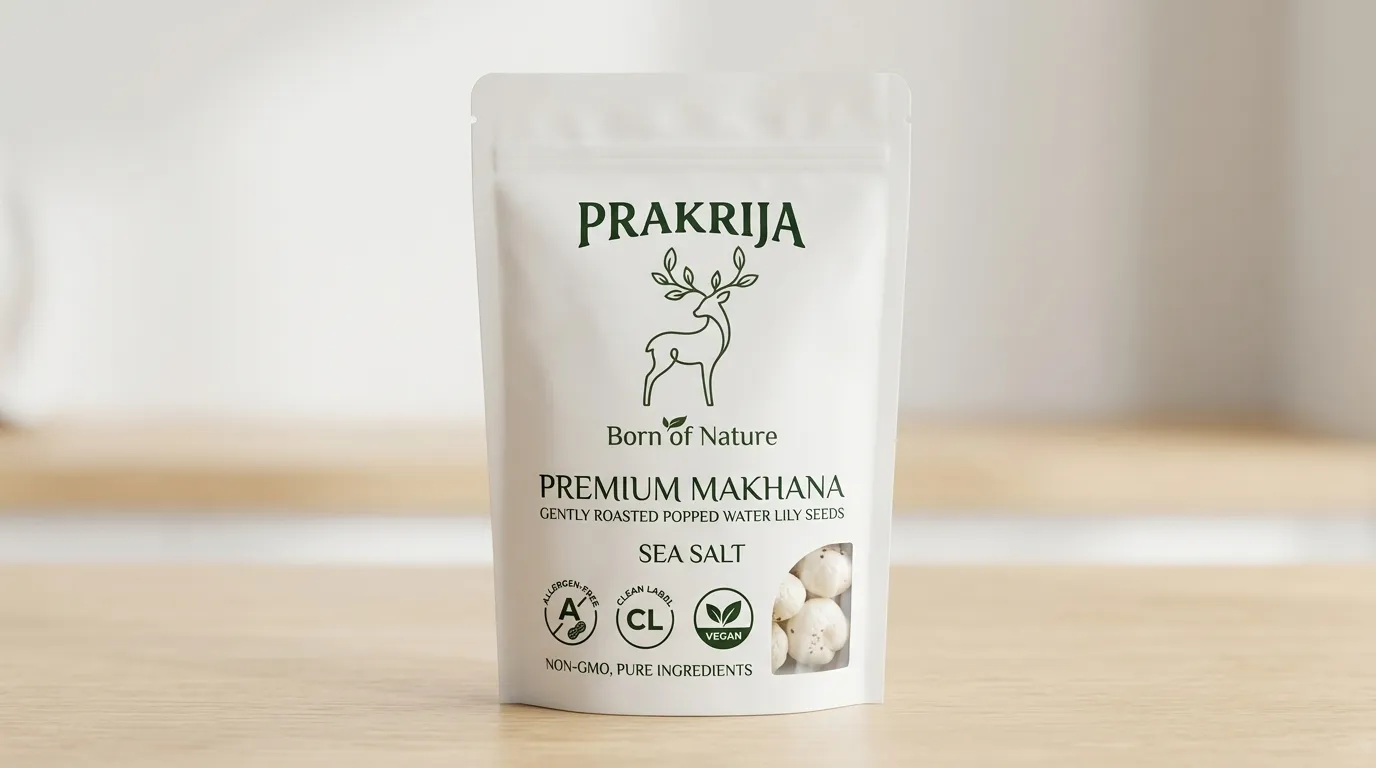 Premium clean-label Makhana packaging showing allergen-free and vegan certification marks