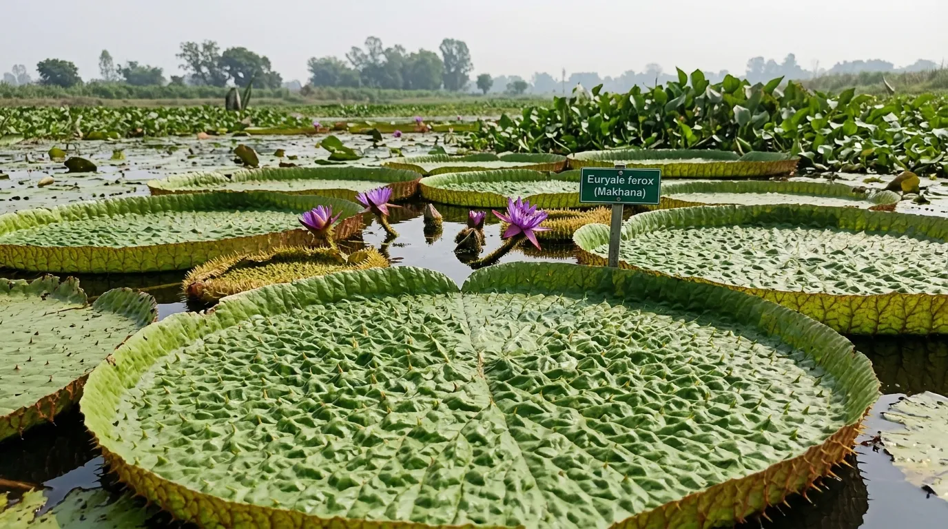 Euryale ferox water lily plant growing in Bihar wetlands, showing large spiny leaves and purple flowers