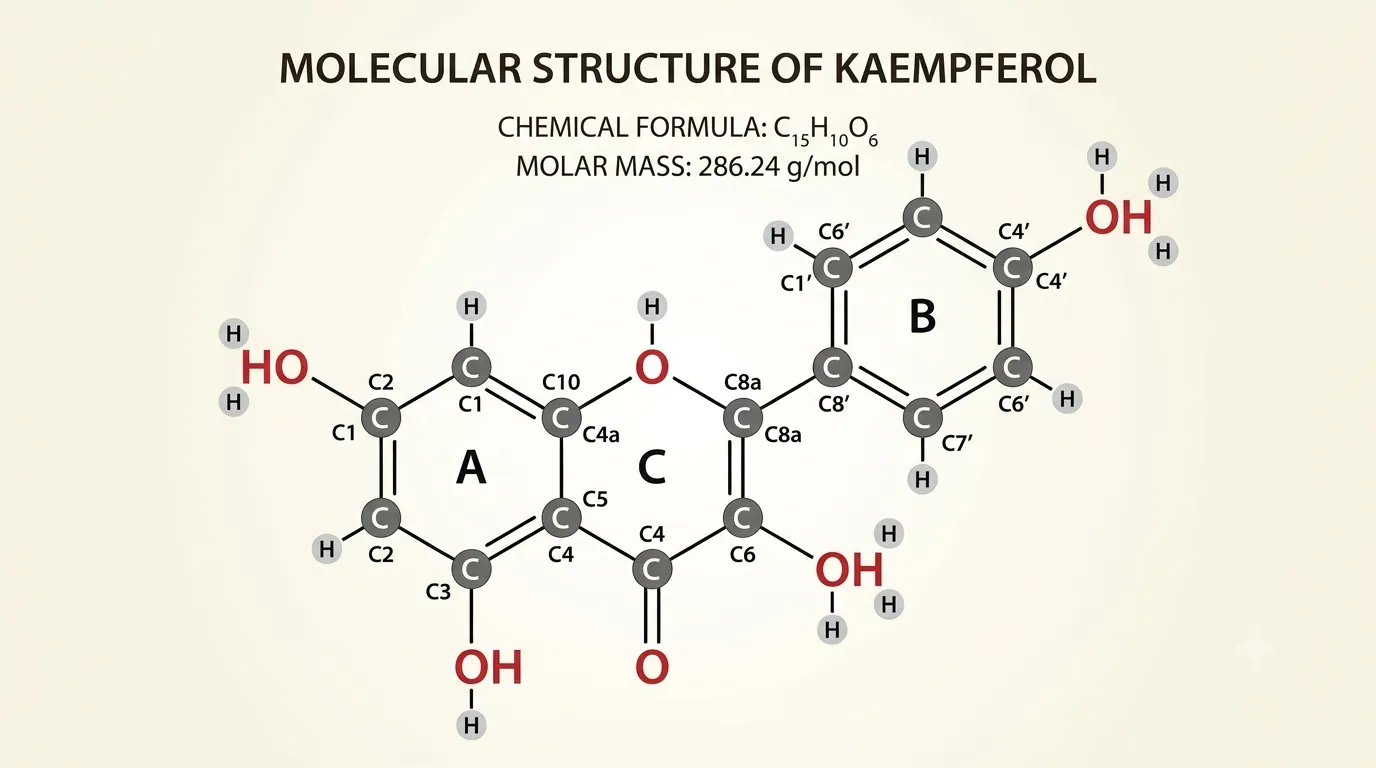 Illustrated molecular structure of kaempferol, the primary bioactive flavonoid in Makhana
