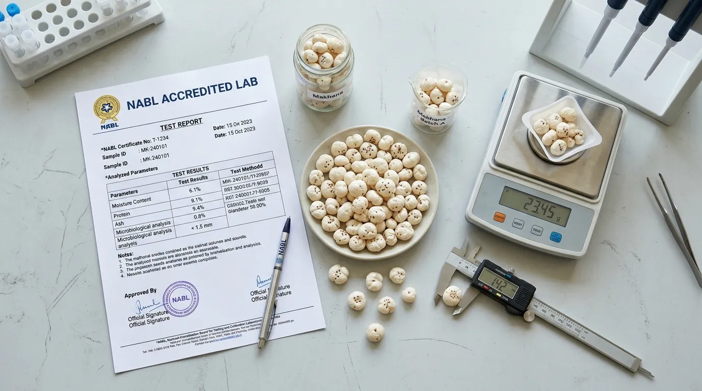NABL-accredited lab test report for Makhana nutritional composition alongside seed samples