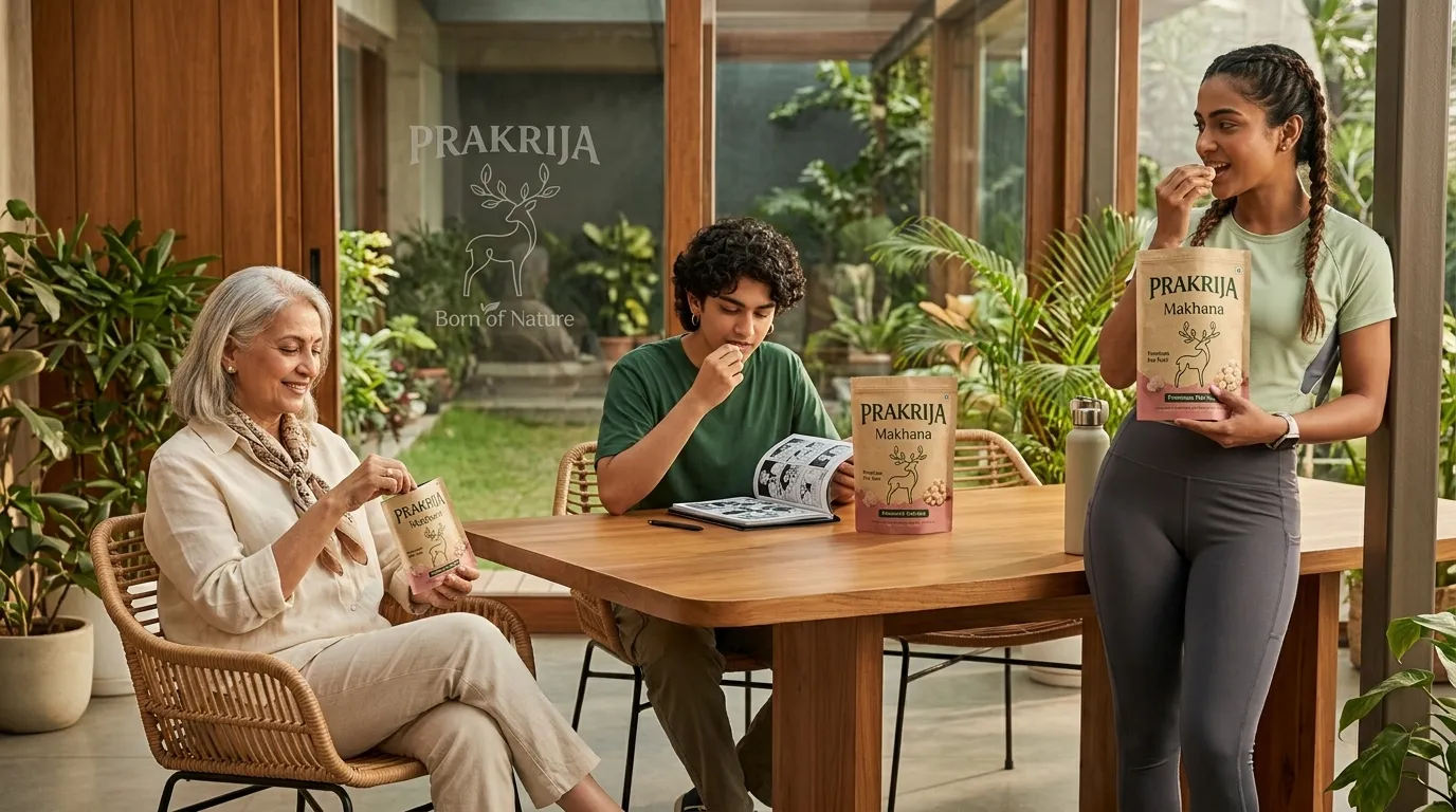Diverse people enjoying Makhana as a healthy snack across different lifestyle contexts