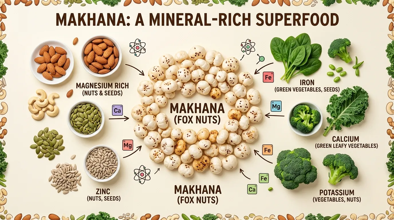 Overhead flat-lay of Makhana seeds alongside mineral-rich foods for nutritional comparison
