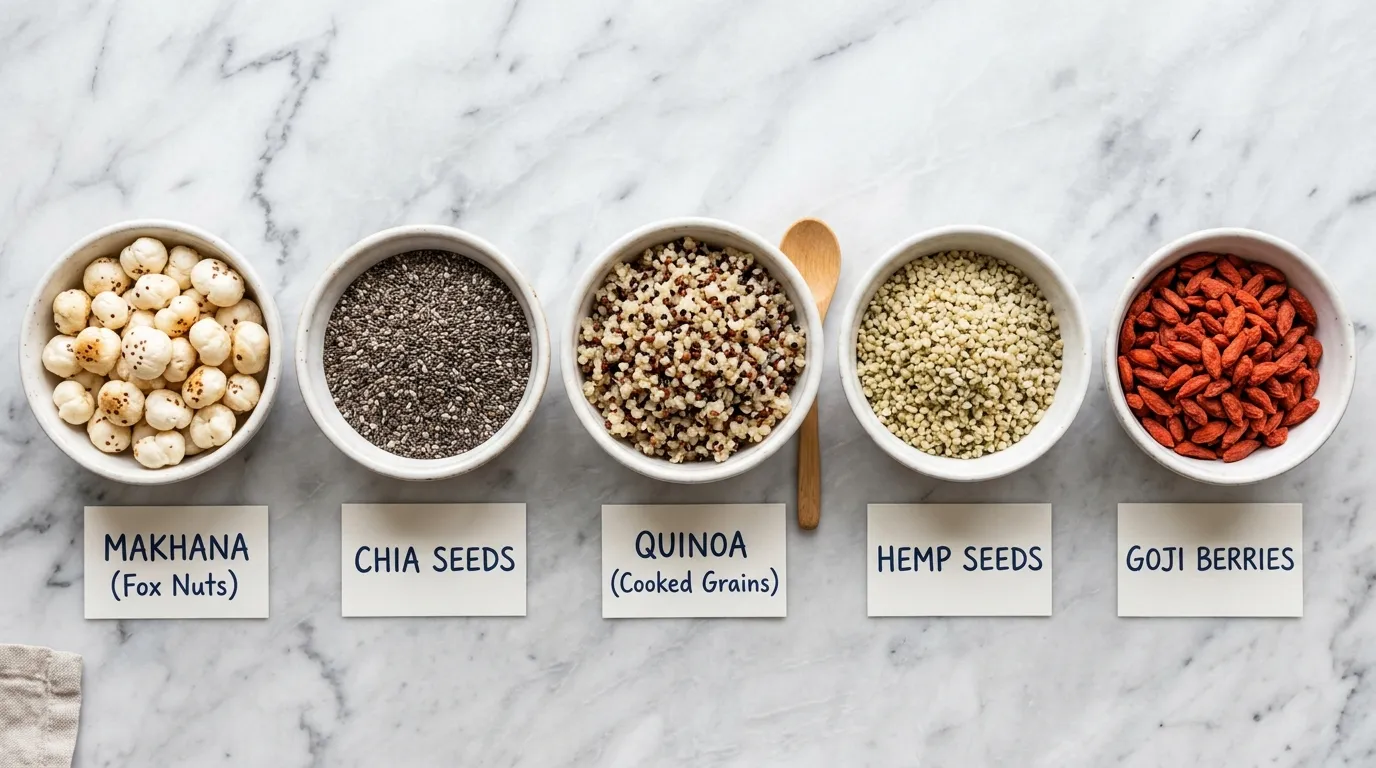 Overhead comparison flat-lay of Makhana alongside other superfoods: chia seeds, hemp seeds, quinoa, and goji berries