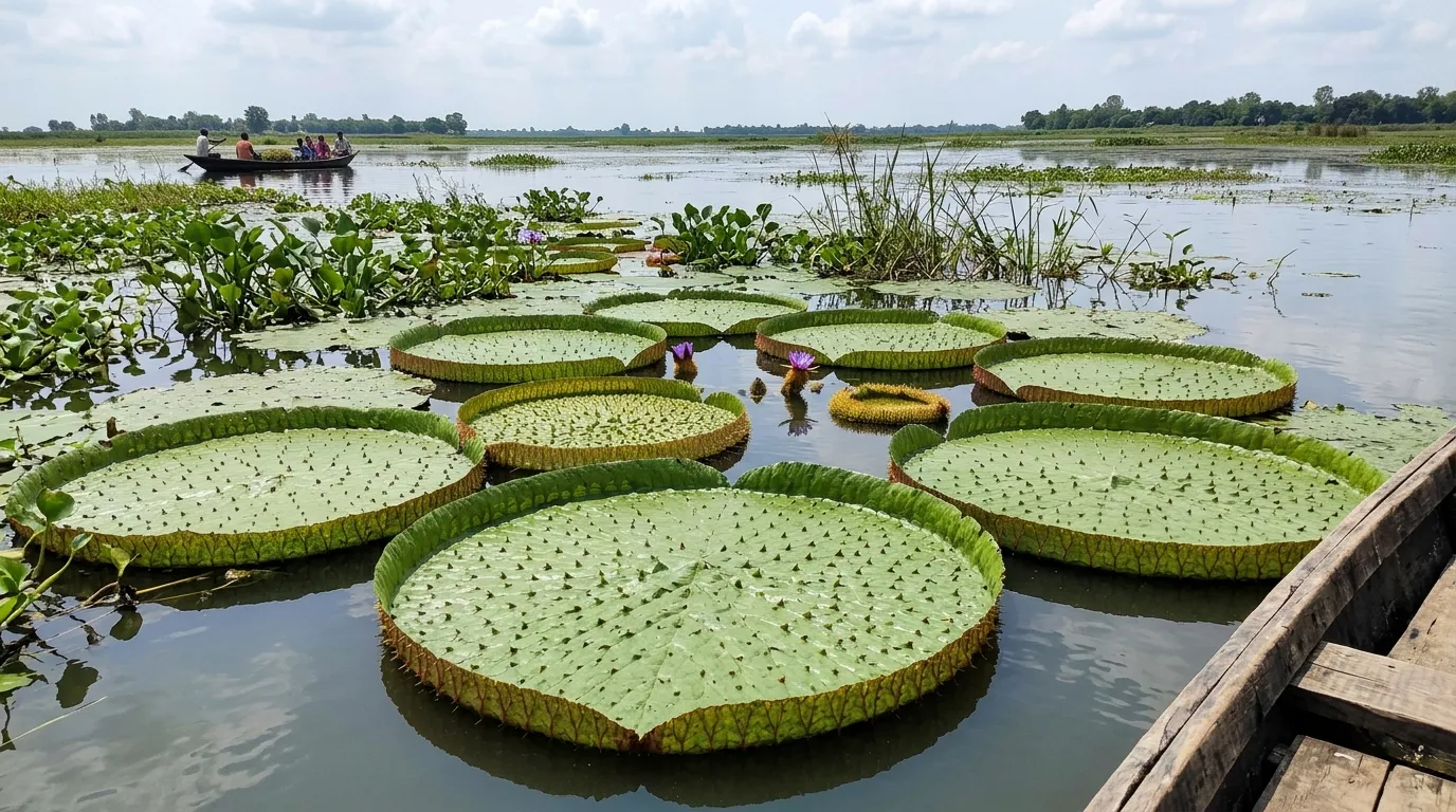 Euryale ferox prickly water lily floating leaves in a Bihar wetland