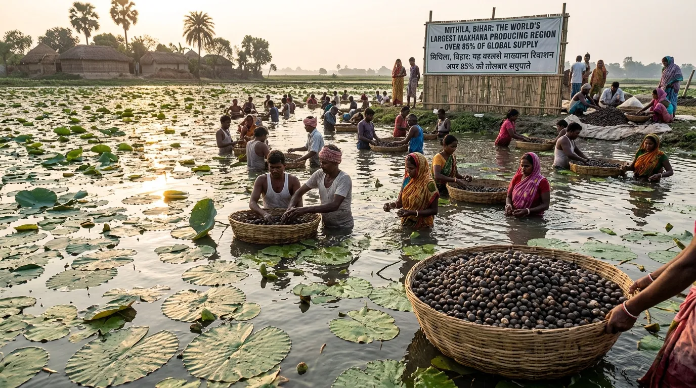 Makhana fox nuts in a traditional Bihar pond with lotus flowers