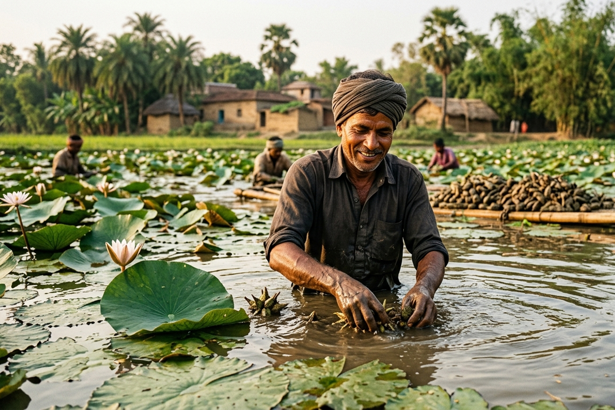 Farmers harvesting Makhana from the wetlands of Mithila, Bihar